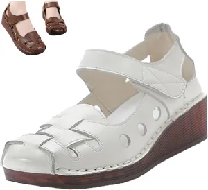 Women's Leather Woven Closed-toe Wedge Sandals,Casual Comfy Cutout Ankle Strap Oxford Softsole Dress Mary Jane Shoes