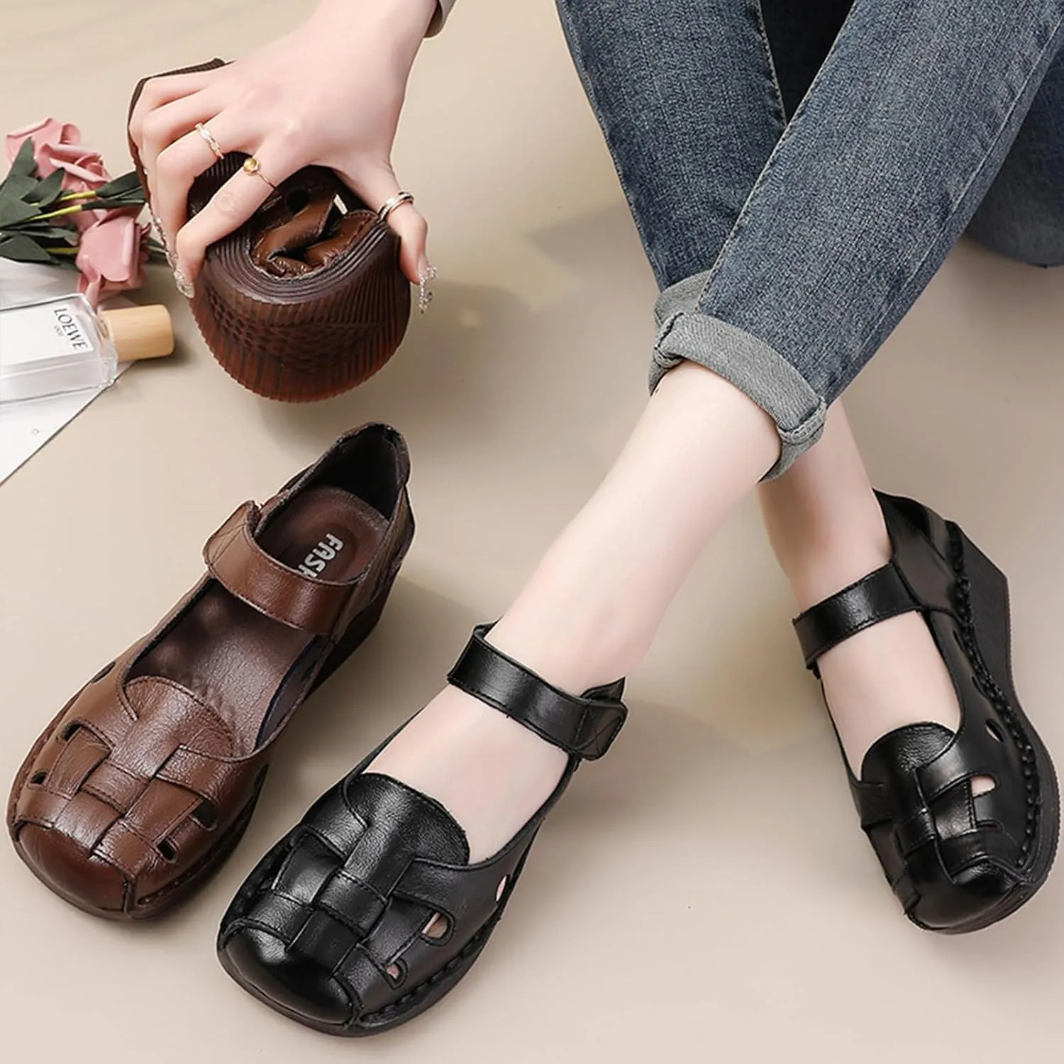 Women's Leather Woven Closed-toe Wedge Sandals,Casual Comfy Cutout Ankle Strap Oxford Softsole Dress Mary Jane Shoes