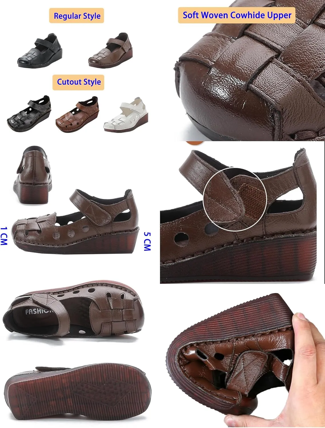 Women's Leather Woven Closed-toe Wedge Sandals,Casual Comfy Cutout Ankle Strap Oxford Softsole Dress Mary Jane Shoes