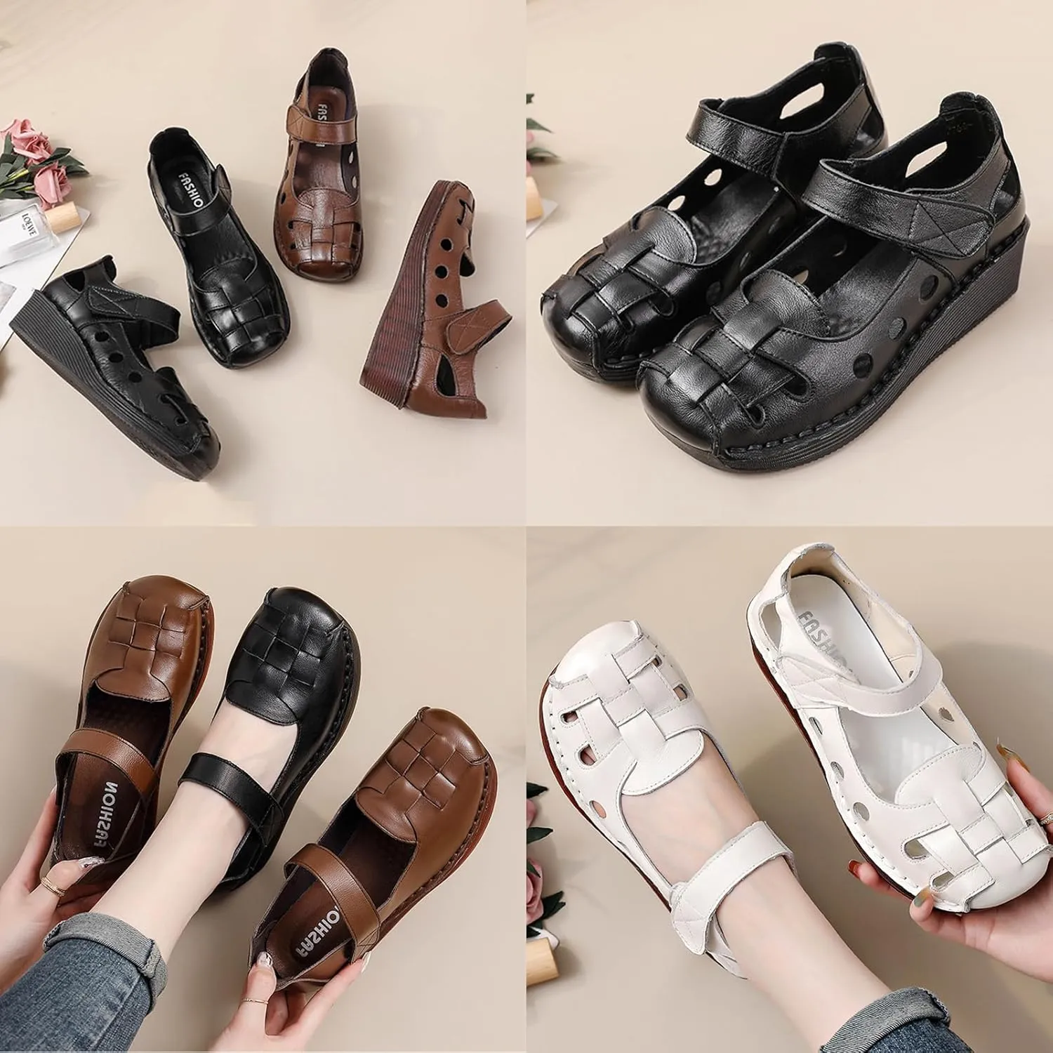 Women's Leather Woven Closed-toe Wedge Sandals,Casual Comfy Cutout Ankle Strap Oxford Softsole Dress Mary Jane Shoes