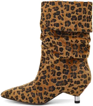 Womens leopard Boots Slouchy Mid Calf Wide Boots For Women Kitten Heel with Pointed Toe Pull On Boots Fall Winter Booties
