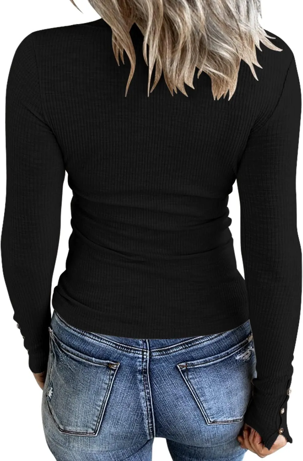 Womens Long Sleeves Ribbed Knit Tunic Shirts Scoop Neck Button Down Tops Casual Henley Tee Shirt Slim Fit Blouses