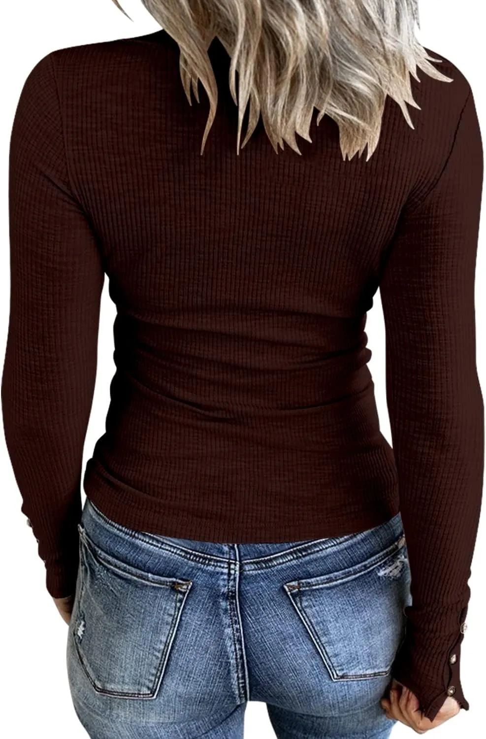 Womens Long Sleeves Ribbed Knit Tunic Shirts Scoop Neck Button Down Tops Casual Henley Tee Shirt Slim Fit Blouses