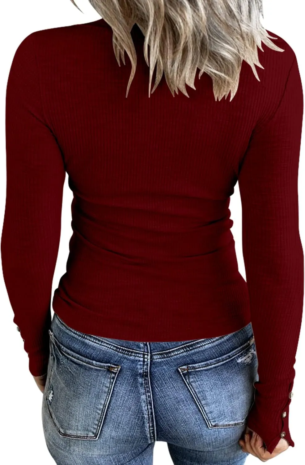 Womens Long Sleeves Ribbed Knit Tunic Shirts Scoop Neck Button Down Tops Casual Henley Tee Shirt Slim Fit Blouses