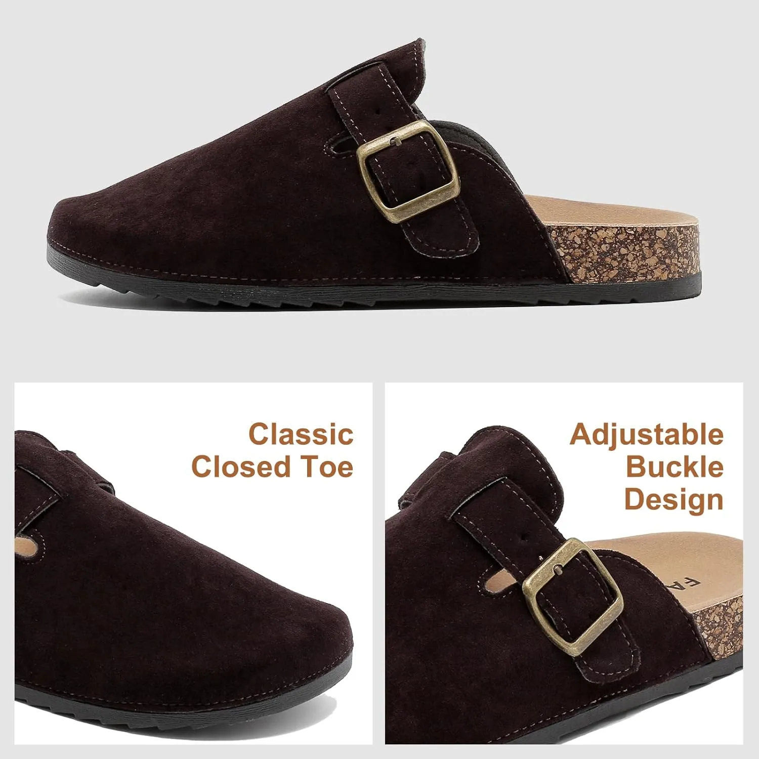 Womens Mens Suede Clogs Leather Mules with Adjustable Buckle Slip On Cork Footbed Sandals Arch Suppor Comfort Potato Shoes