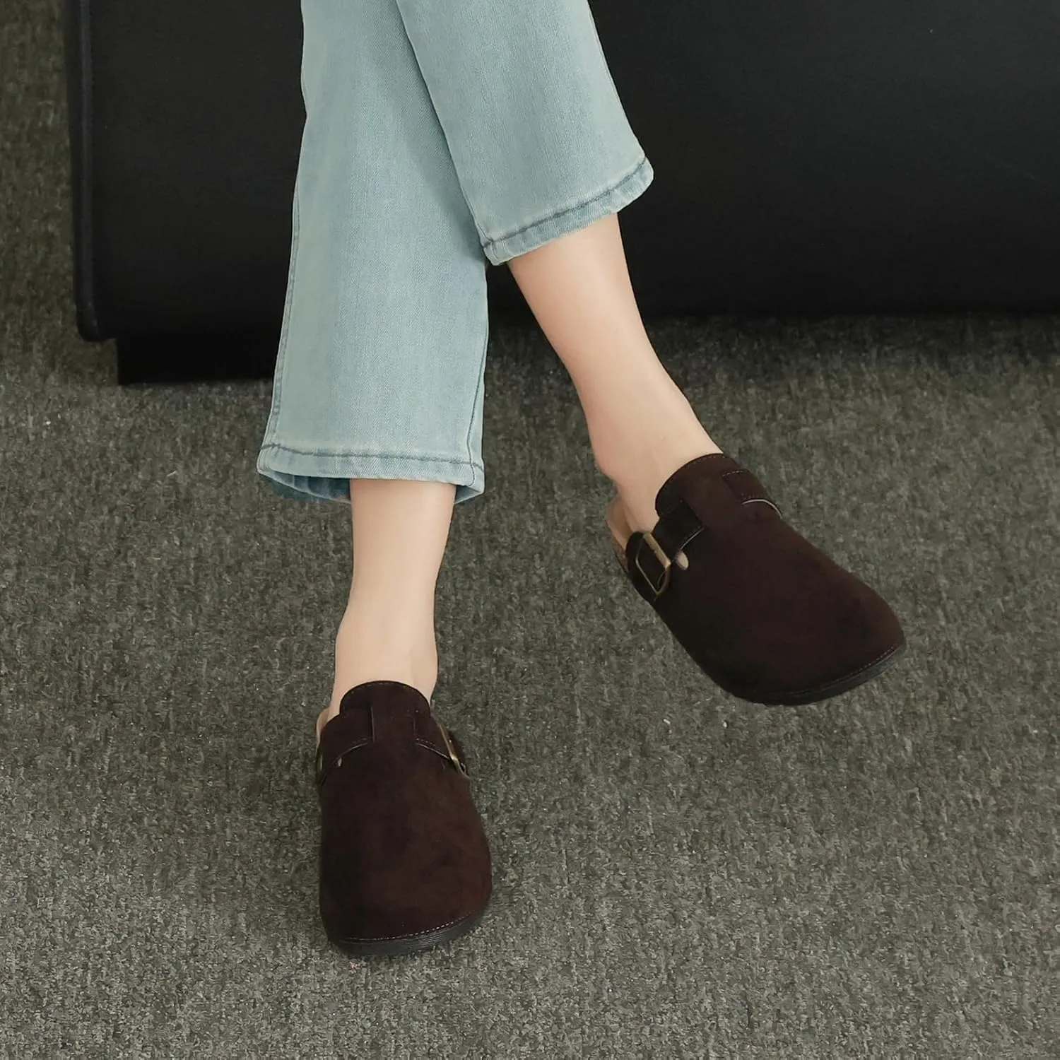 Womens Mens Suede Clogs Leather Mules with Adjustable Buckle Slip On Cork Footbed Sandals Arch Suppor Comfort Potato Shoes