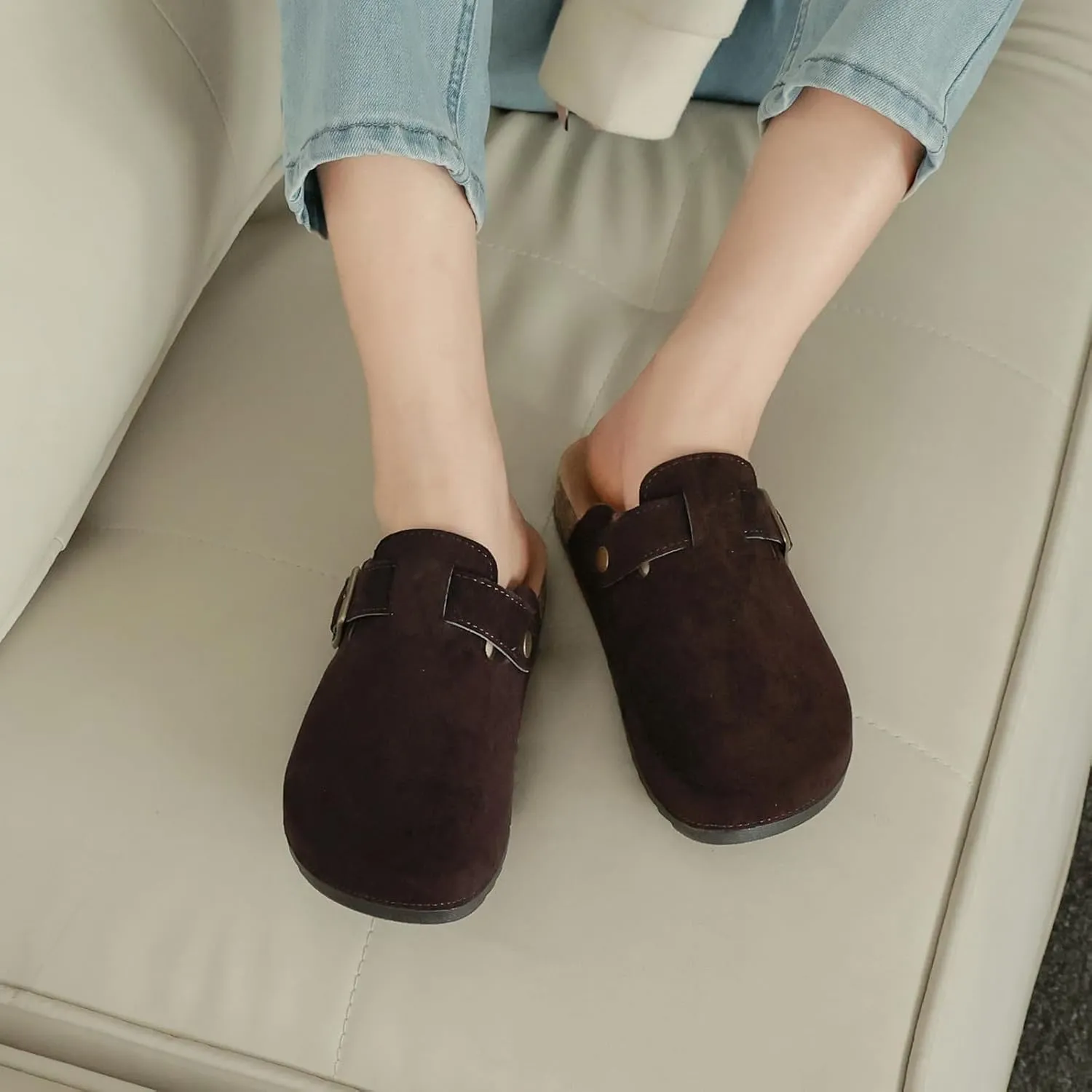 Womens Mens Suede Clogs Leather Mules with Adjustable Buckle Slip On Cork Footbed Sandals Arch Suppor Comfort Potato Shoes