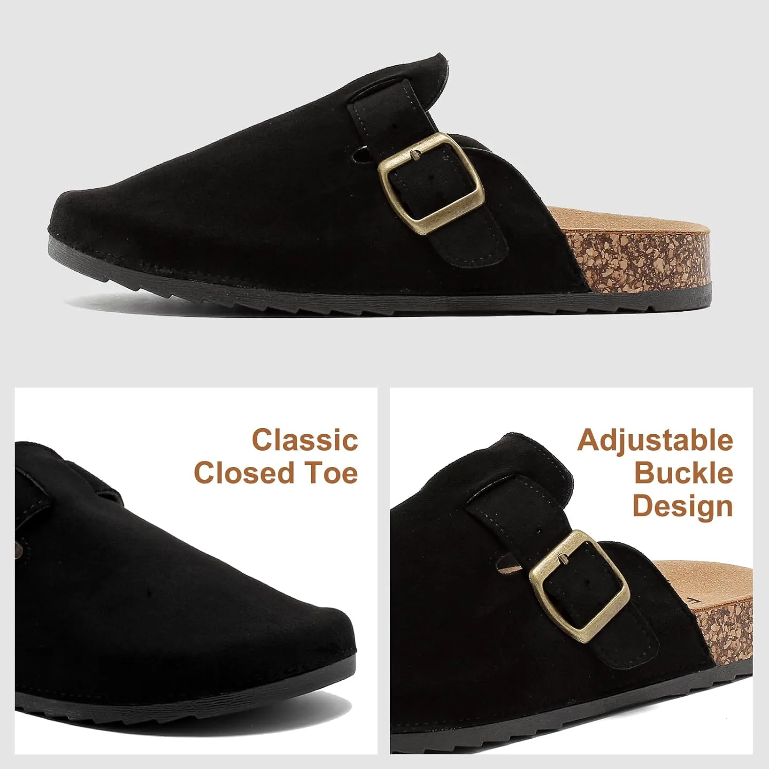 Womens Mens Suede Clogs Leather Mules with Adjustable Buckle Slip On Cork Footbed Sandals Arch Suppor Comfort Potato Shoes