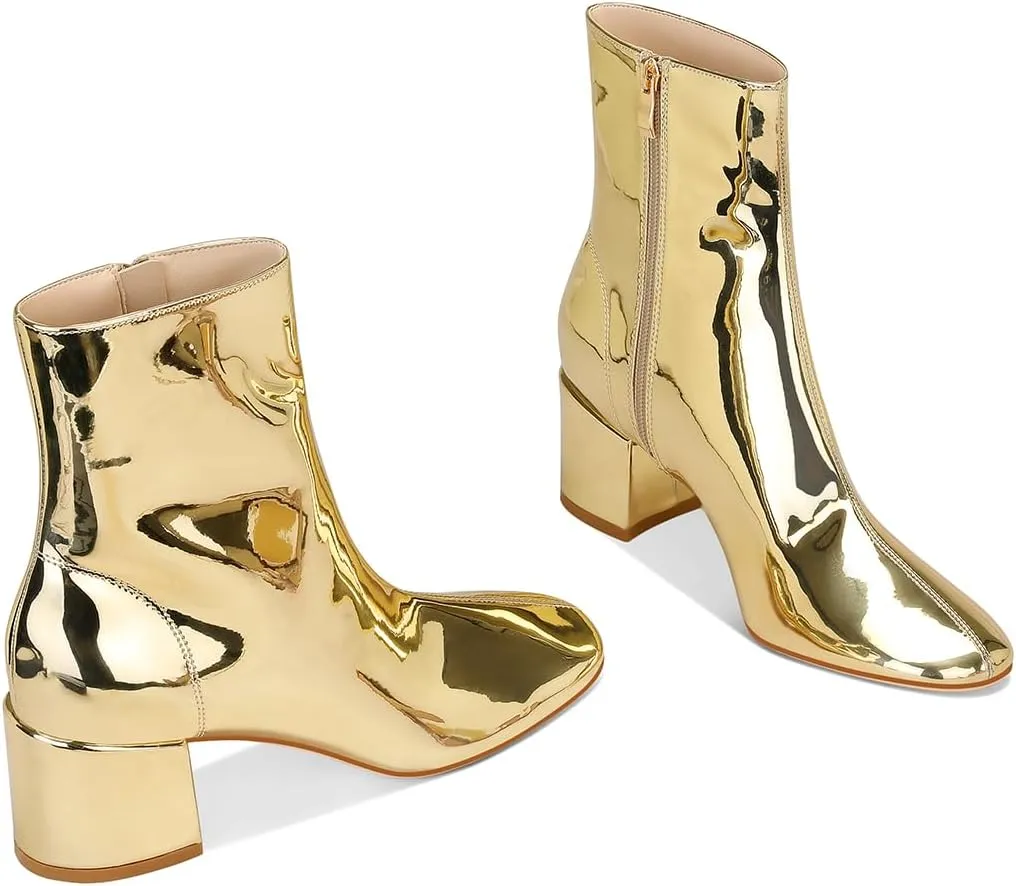 Women's Metallic Ankle Boots Chunky Heel Booties Round Toe Short Boots Fashion Casual Dress Booties
