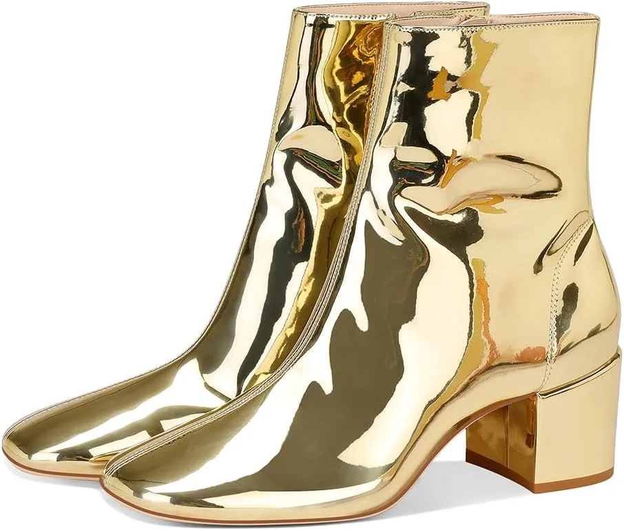 Women's Metallic Ankle Boots Chunky Heel Booties Round Toe Short Boots Fashion Casual Dress Booties