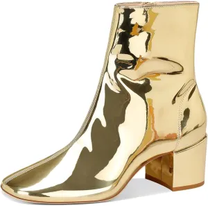 Women's Metallic Ankle Boots Chunky Heel Booties Round Toe Short Boots Fashion Casual Dress Booties