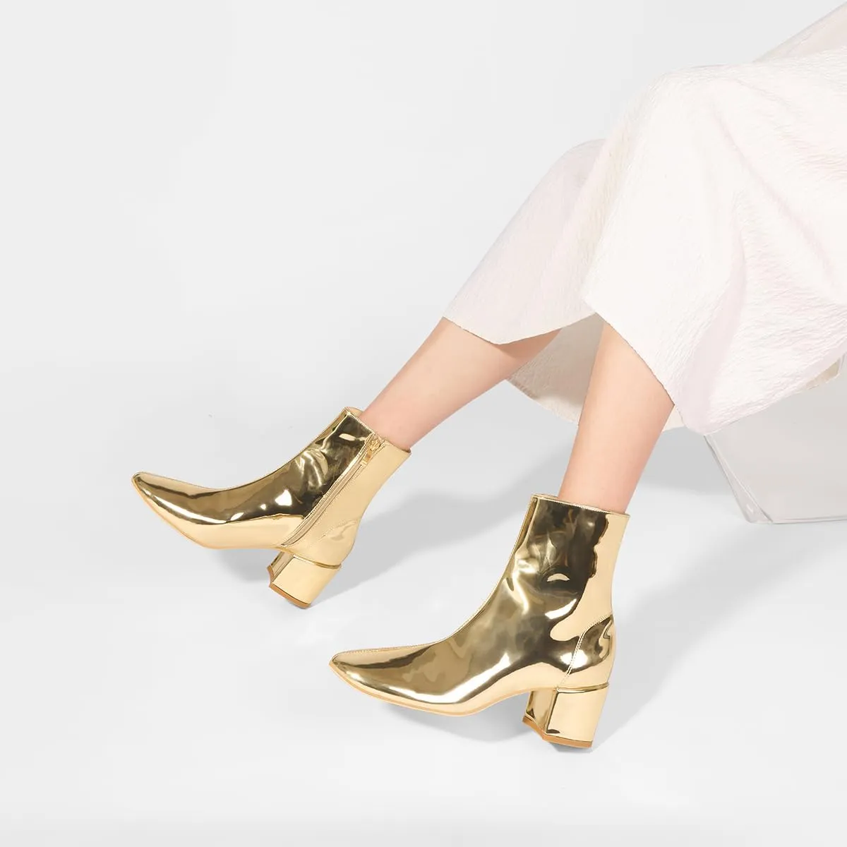 Women's Metallic Ankle Boots Chunky Heel Booties Round Toe Short Boots Fashion Casual Dress Booties
