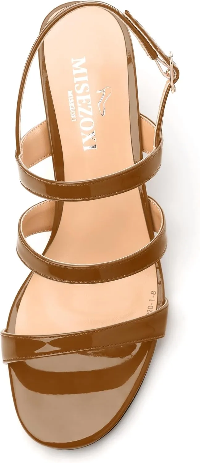Womens Mid Heel Sandals, Round Open Toe Block Heel Strappy Sandals for Women, Low Chunky Heel Ankle Strap Sandals 2"
