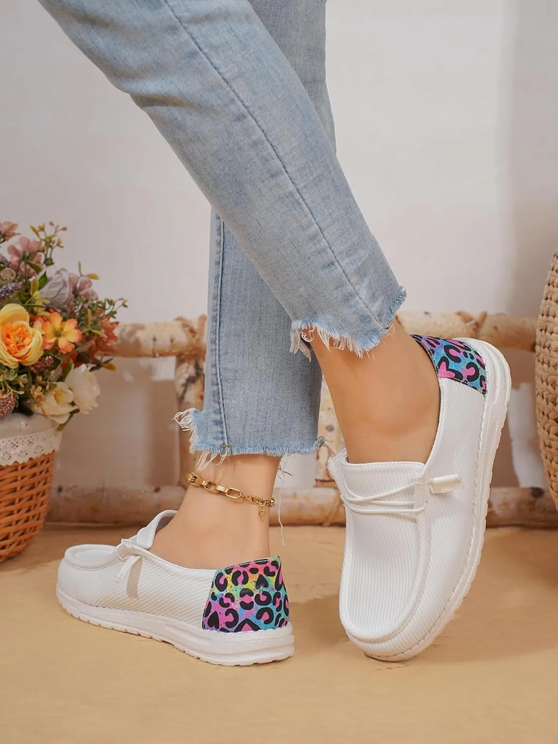 Women's Milky Cow Print Slip-On Loafers - Lightweight Comfortable Casual Shoes with Elastic Laces, Foam Outsole, Orthotic Walking Shoes for Daily Wear, US 6-10