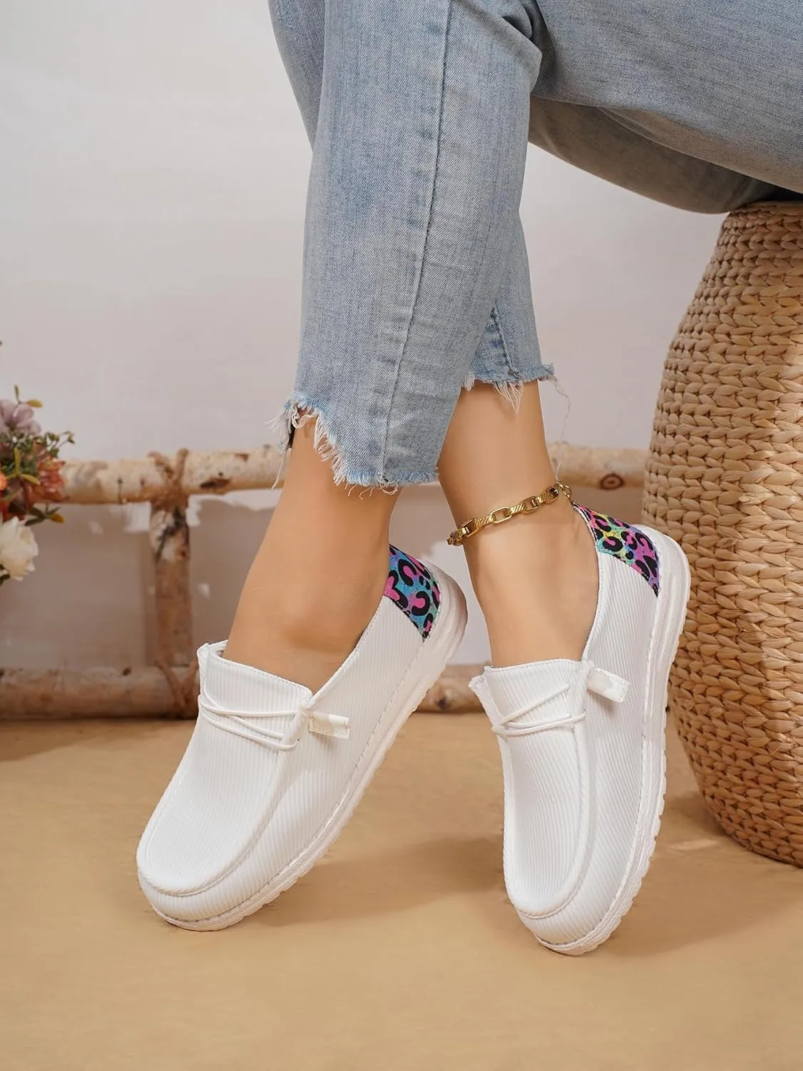 Women's Milky Cow Print Slip-On Loafers - Lightweight Comfortable Casual Shoes with Elastic Laces, Foam Outsole, Orthotic Walking Shoes for Daily Wear, US 6-10