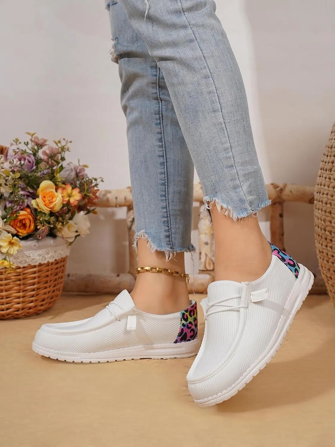 Women's Milky Cow Print Slip-On Loafers - Lightweight Comfortable Casual Shoes with Elastic Laces, Foam Outsole, Orthotic Walking Shoes for Daily Wear, US 6-10