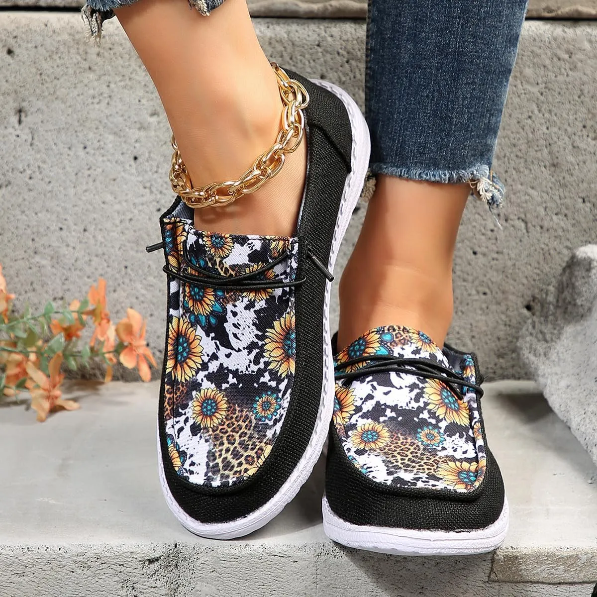 Women's Milky Cow Print Slip-On Loafers - Lightweight Comfortable Casual Shoes with Elastic Laces, Foam Outsole, Orthotic Walking Shoes for Daily Wear, US 6-10
