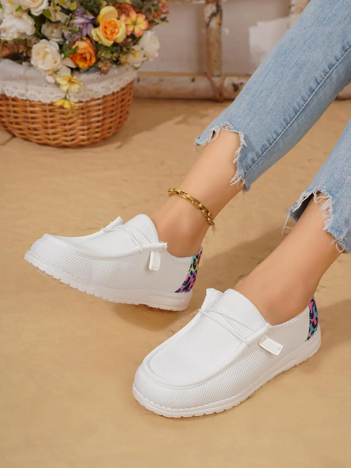 Women's Milky Cow Print Slip-On Loafers - Lightweight Comfortable Casual Shoes with Elastic Laces, Foam Outsole, Orthotic Walking Shoes for Daily Wear, US 6-10