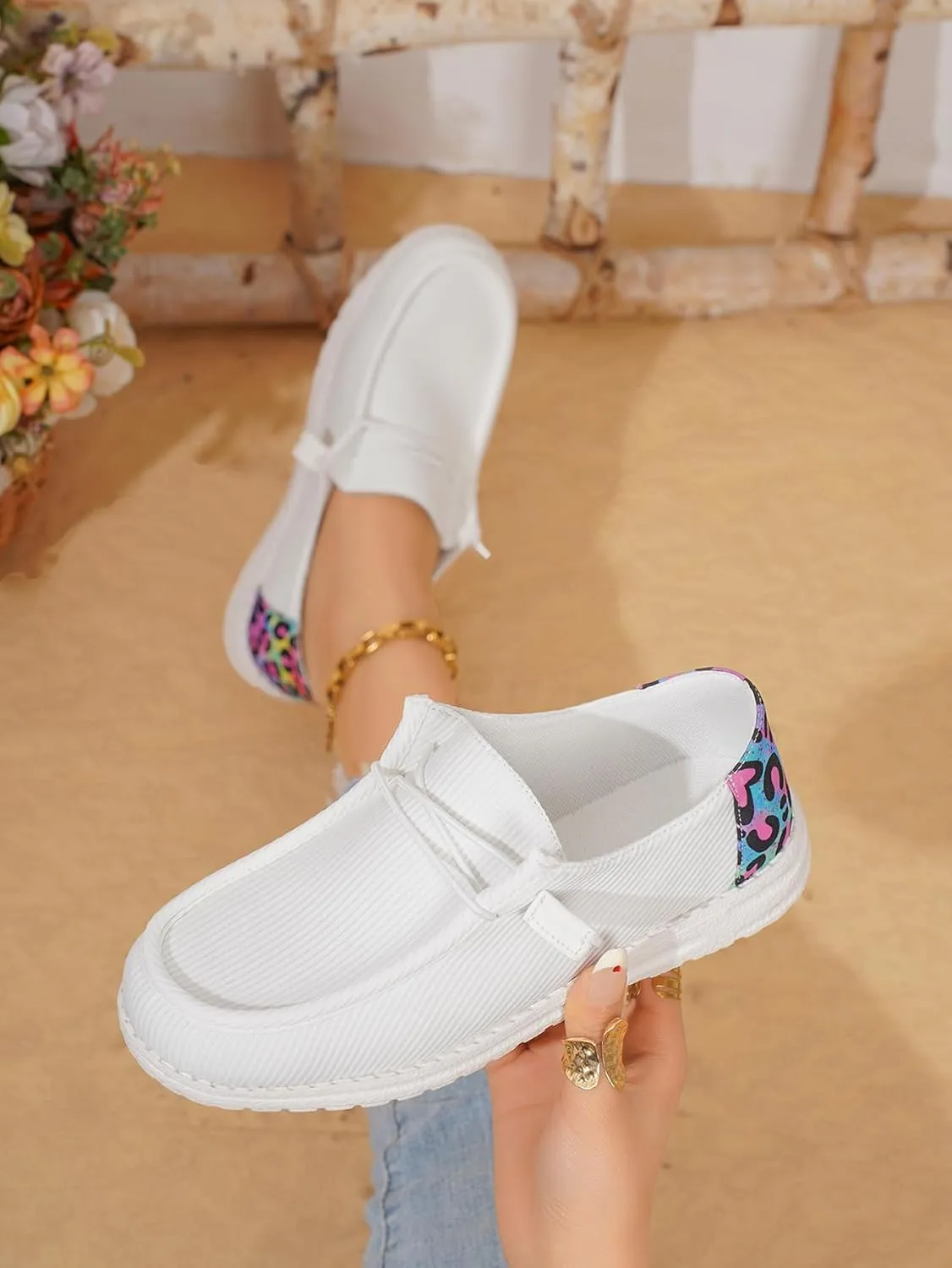 Women's Milky Cow Print Slip-On Loafers - Lightweight Comfortable Casual Shoes with Elastic Laces, Foam Outsole, Orthotic Walking Shoes for Daily Wear, US 6-10