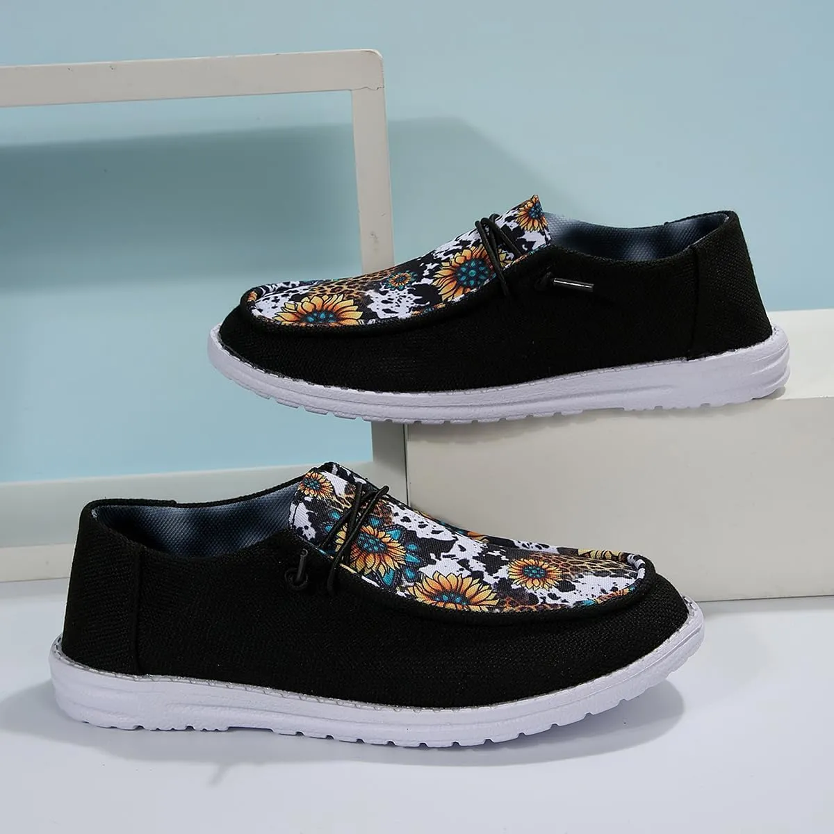 Women's Milky Cow Print Slip-On Loafers - Lightweight Comfortable Casual Shoes with Elastic Laces, Foam Outsole, Orthotic Walking Shoes for Daily Wear, US 6-10