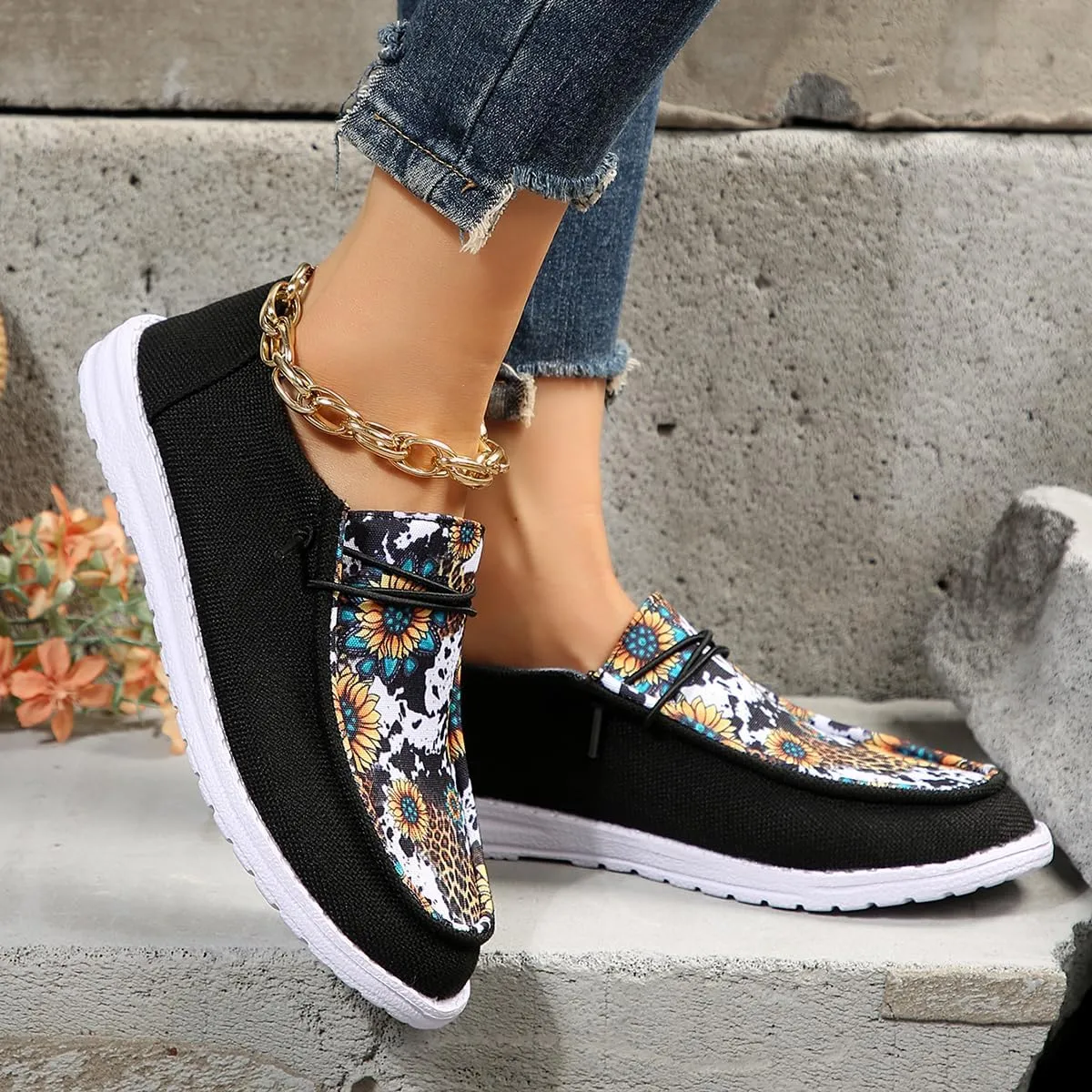 Women's Milky Cow Print Slip-On Loafers - Lightweight Comfortable Casual Shoes with Elastic Laces, Foam Outsole, Orthotic Walking Shoes for Daily Wear, US 6-10