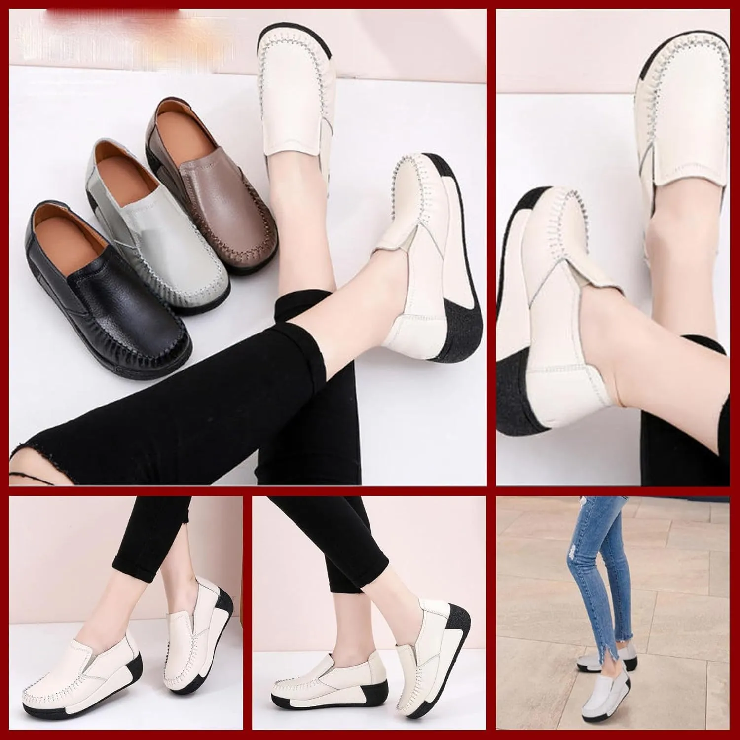 Women's Orthopedic Platform Rocker Shoes, Slip-On Wedge Sneakers, Arch Support Walking Shoes, Breathable Leather Casual Loafers, Lightweight Comfortable Work