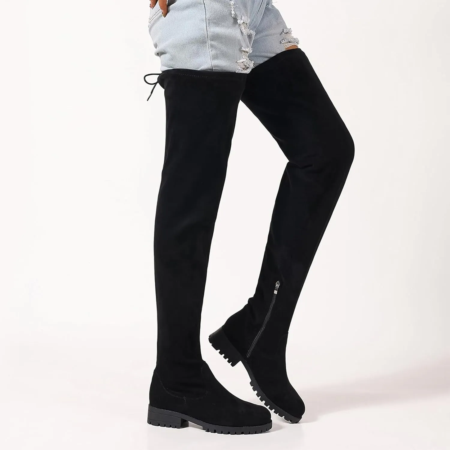 Women's Over The Knee Thigh High Chunky Low Flat Heel Boots Long Stretch Zipper Sexy Fall Fashion Boots Black Red Purple US5-11