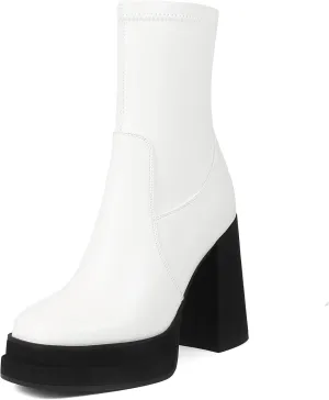 Women's Platform Ankle Boots Square Toe High Chunky Heel Booties