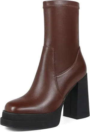 Women's Platform Ankle Boots Square Toe High Chunky Heel Booties