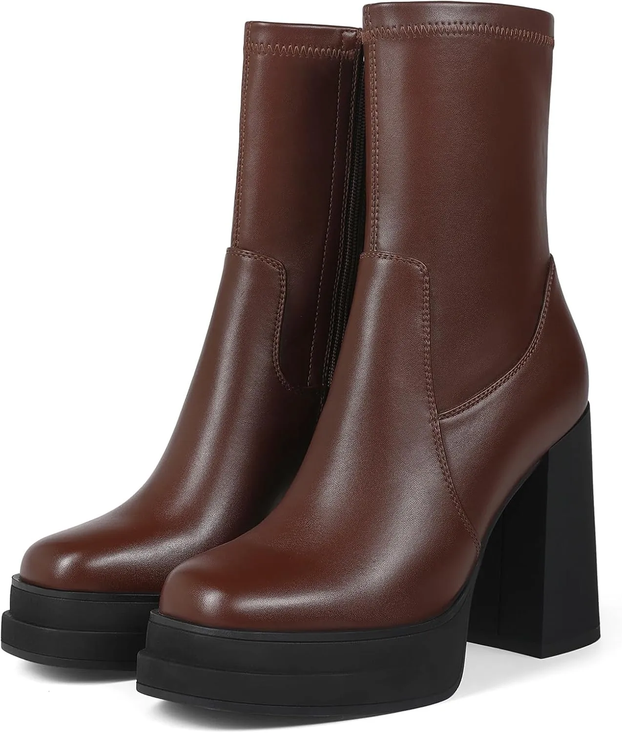 Women's Platform Ankle Boots Square Toe High Chunky Heel Booties