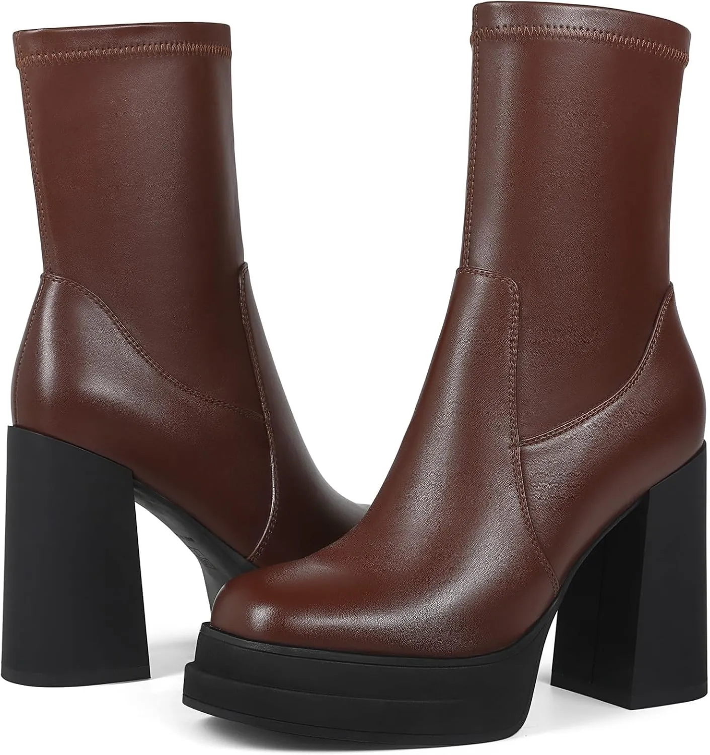 Women's Platform Ankle Boots Square Toe High Chunky Heel Booties