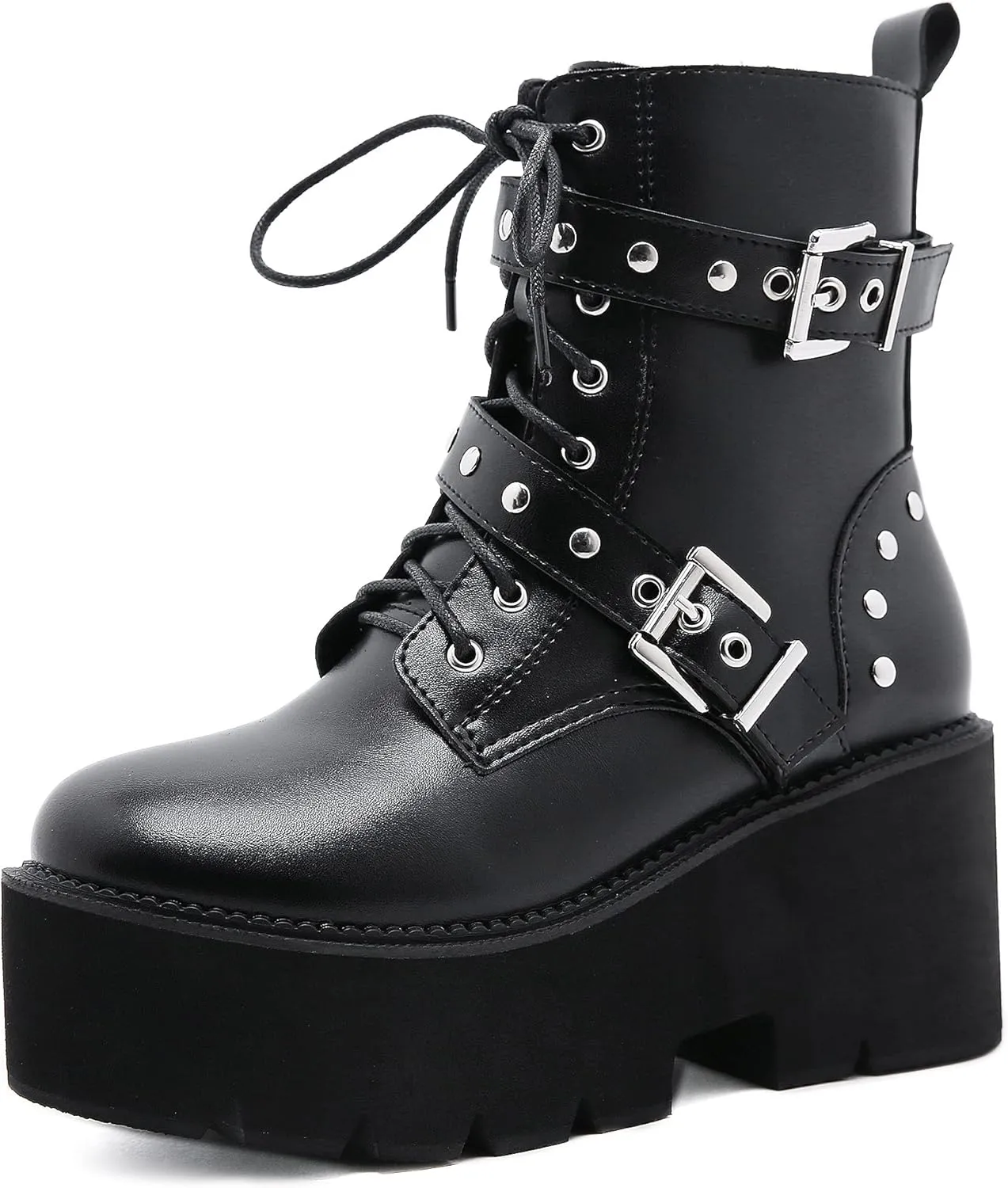 Womens Platform Boots Round Toe Chunky Ankle Boots Punk Boots Lace Up&Zipper Combat Boots