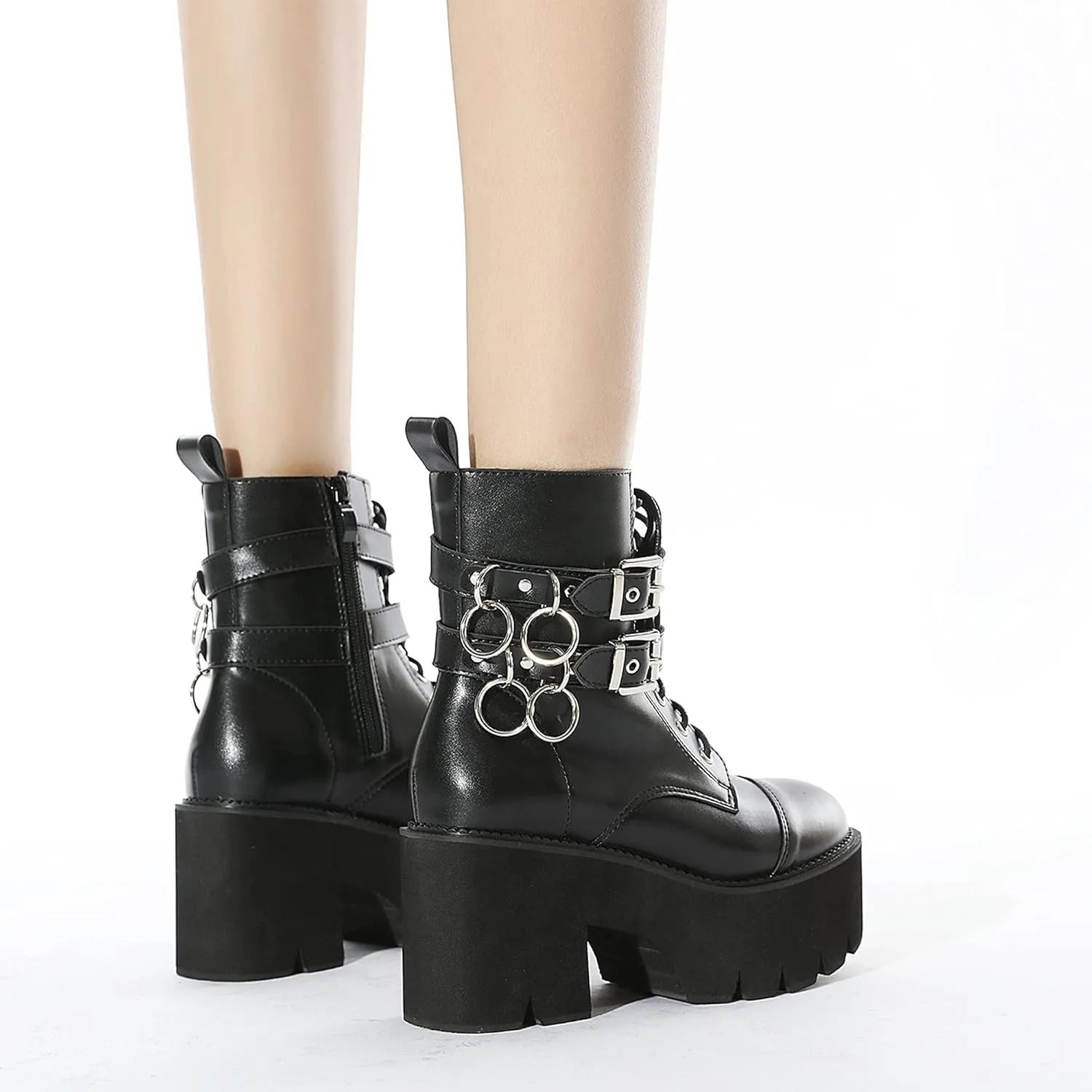 Womens Platform Boots Round Toe Chunky Ankle Boots Punk Boots Lace Up&Zipper Combat Boots