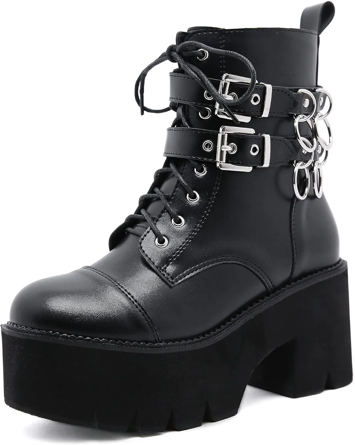 Womens Platform Boots Round Toe Chunky Ankle Boots Punk Boots Lace Up&Zipper Combat Boots