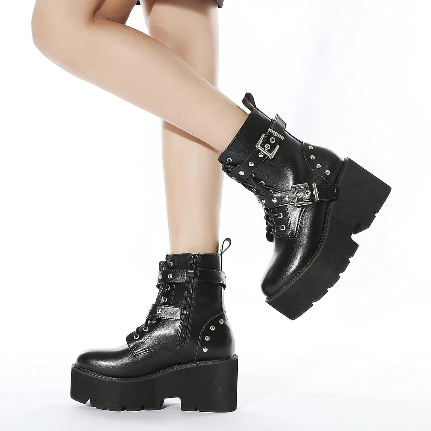 Womens Platform Boots Round Toe Chunky Ankle Boots Punk Boots Lace Up&Zipper Combat Boots