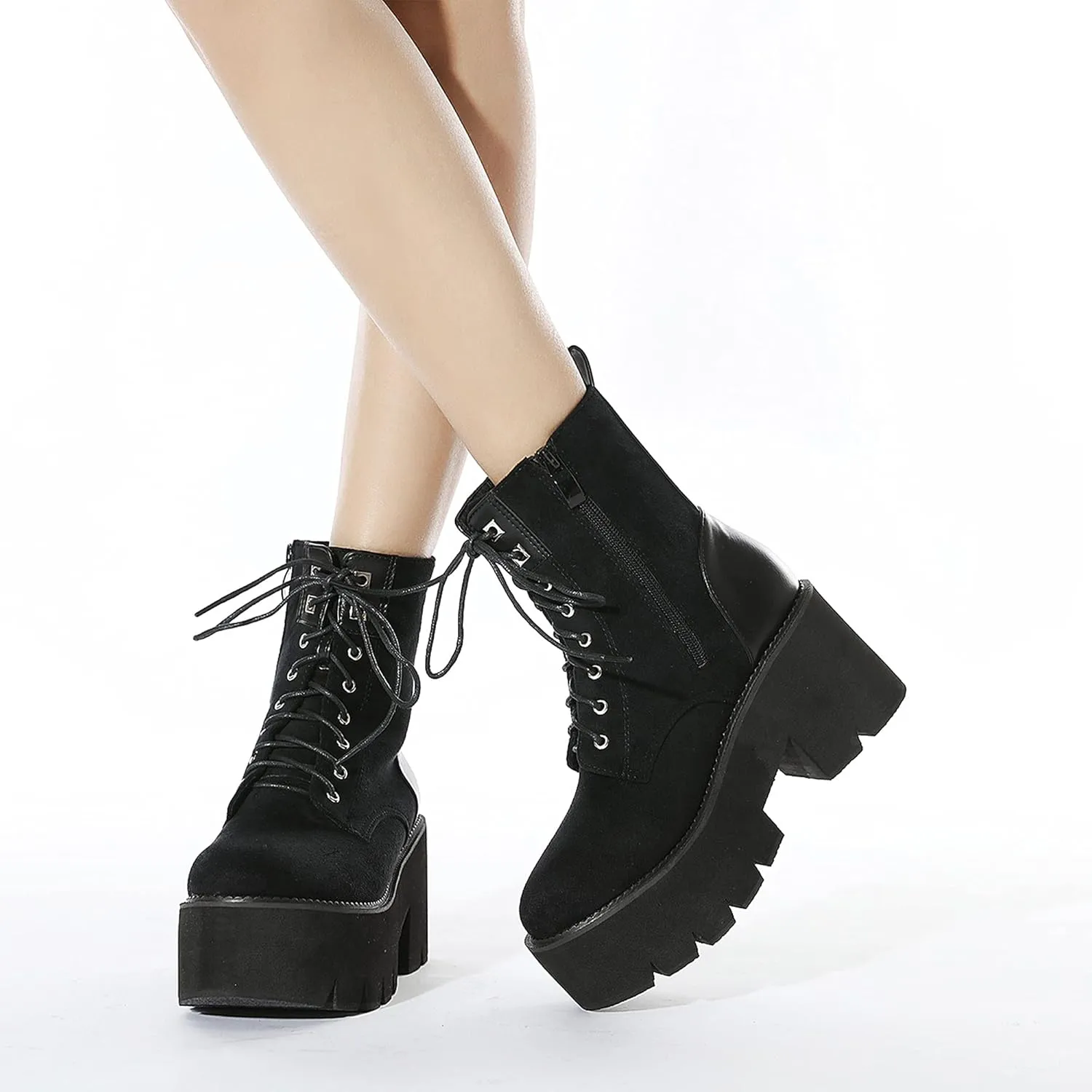 Womens Platform Boots Round Toe Chunky Ankle Boots Punk Boots Lace Up&Zipper Combat Boots