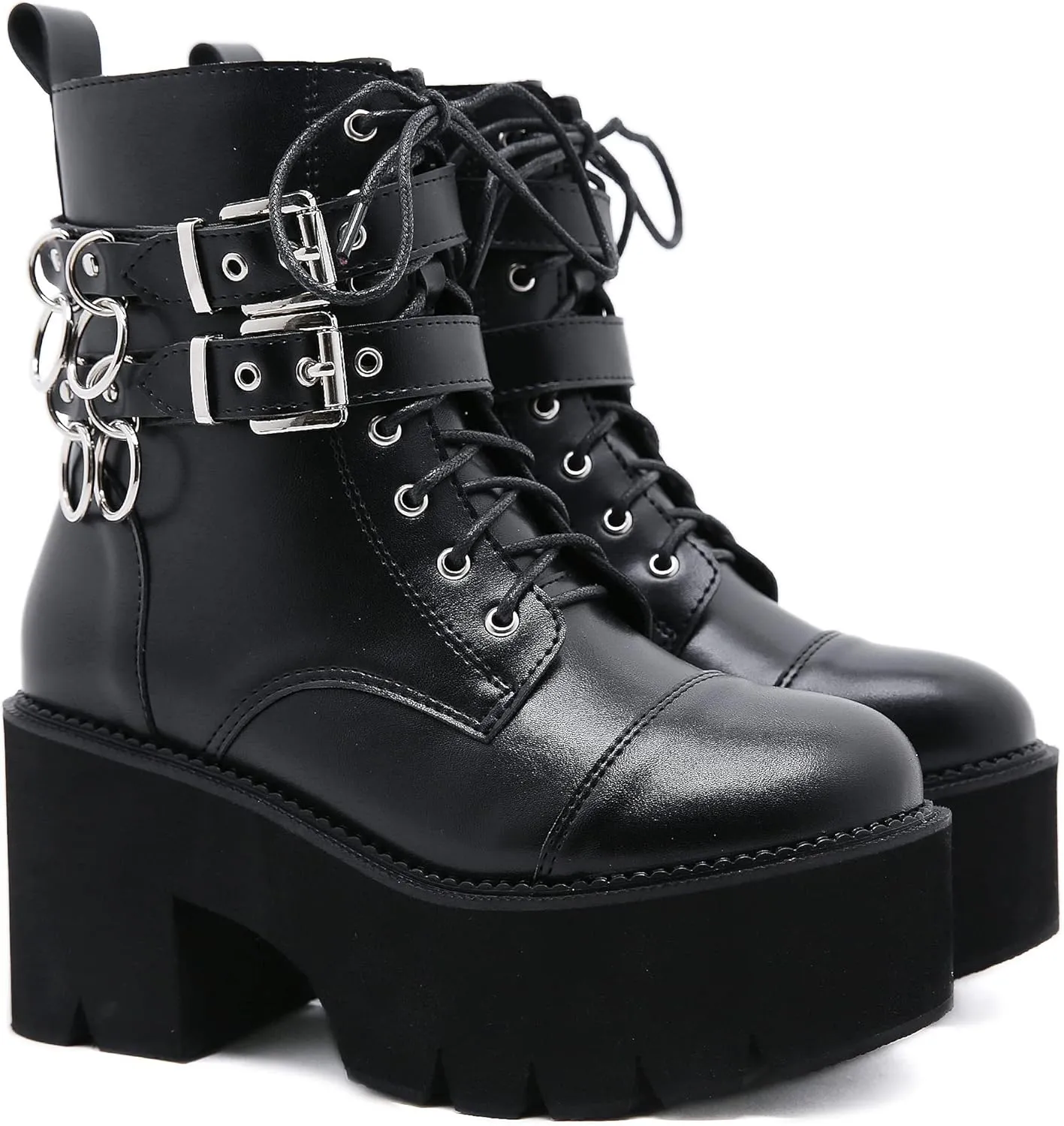 Womens Platform Boots Round Toe Chunky Ankle Boots Punk Boots Lace Up&Zipper Combat Boots