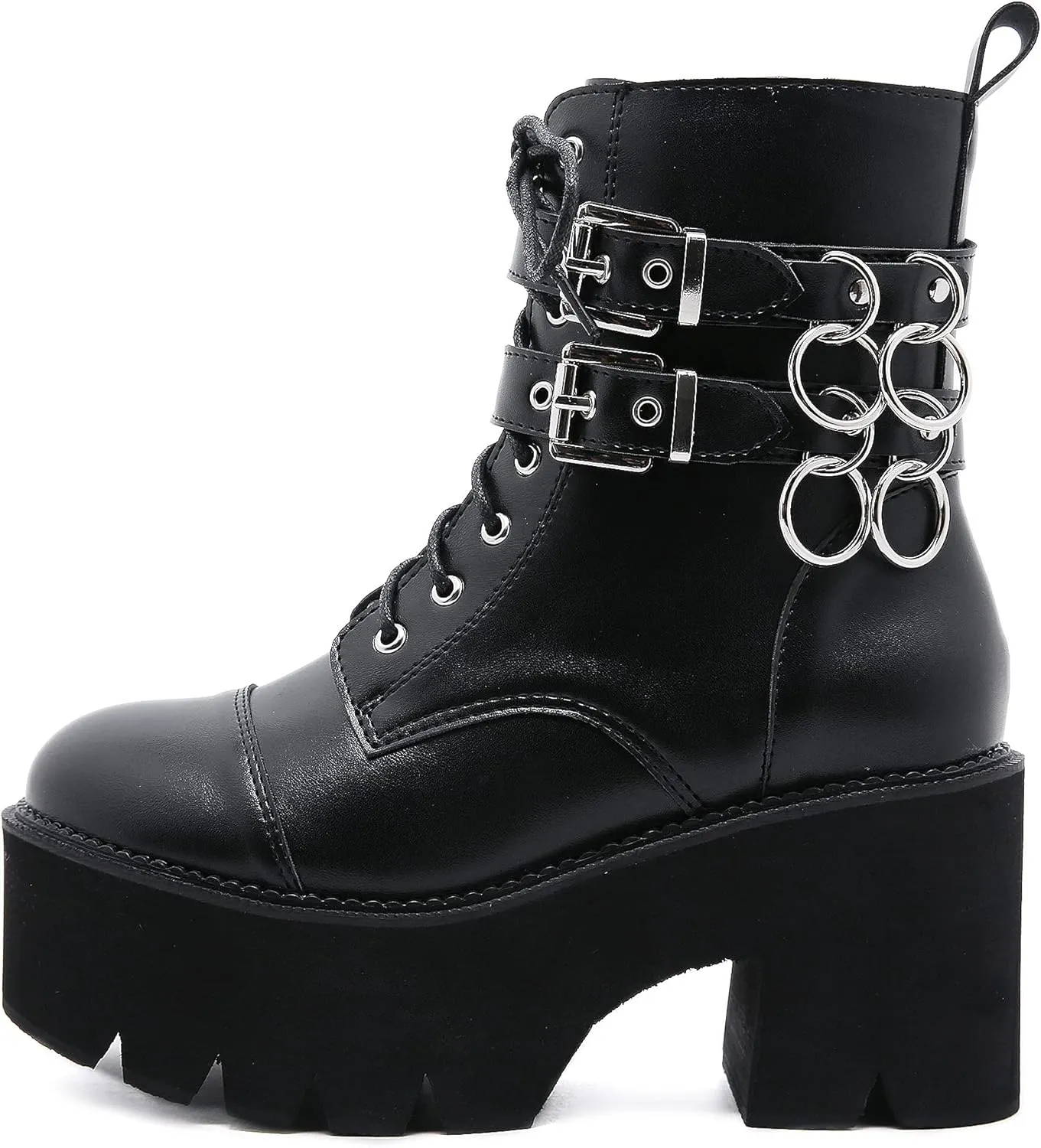 Womens Platform Boots Round Toe Chunky Ankle Boots Punk Boots Lace Up&Zipper Combat Boots