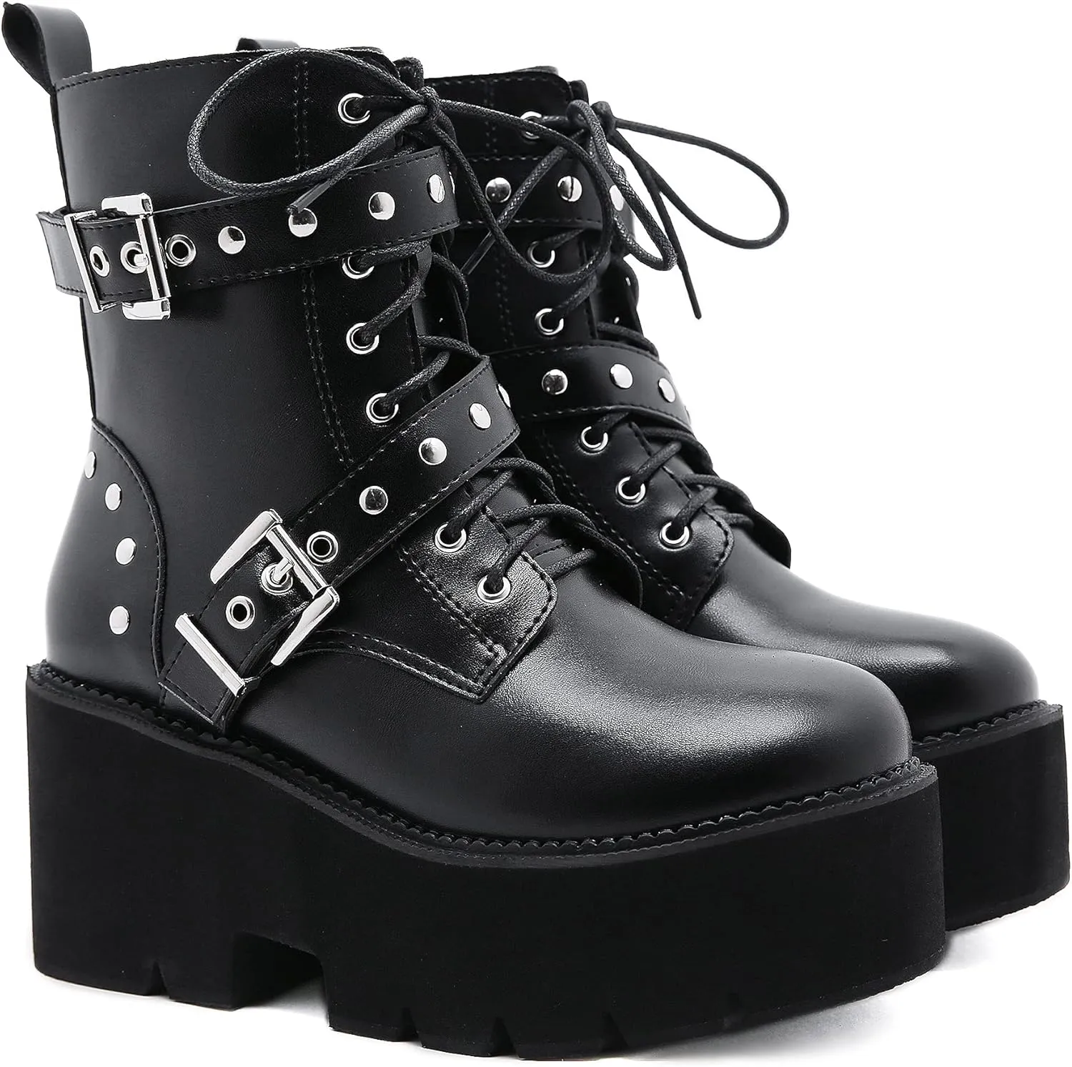 Womens Platform Boots Round Toe Chunky Ankle Boots Punk Boots Lace Up&Zipper Combat Boots