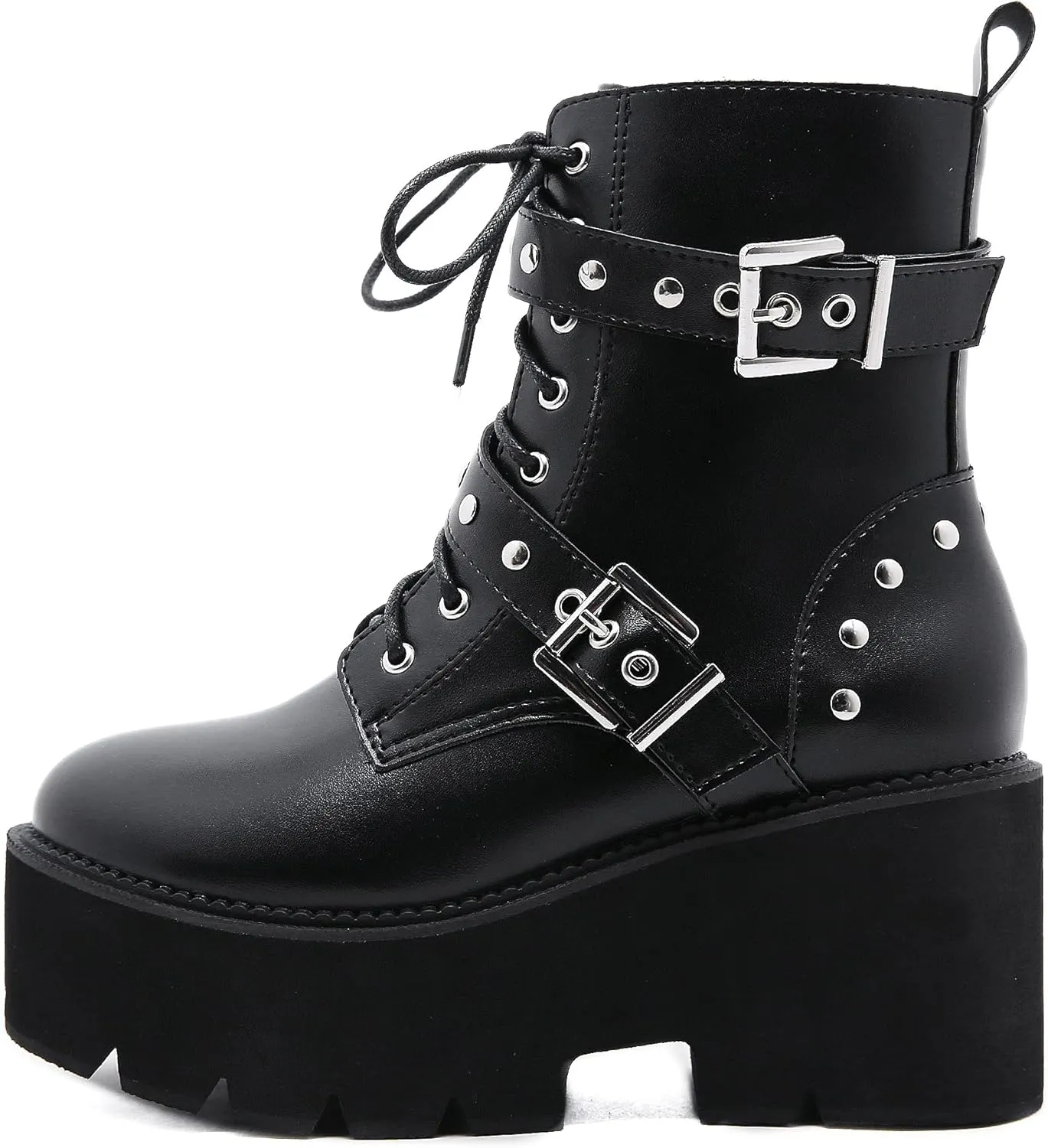 Womens Platform Boots Round Toe Chunky Ankle Boots Punk Boots Lace Up&Zipper Combat Boots