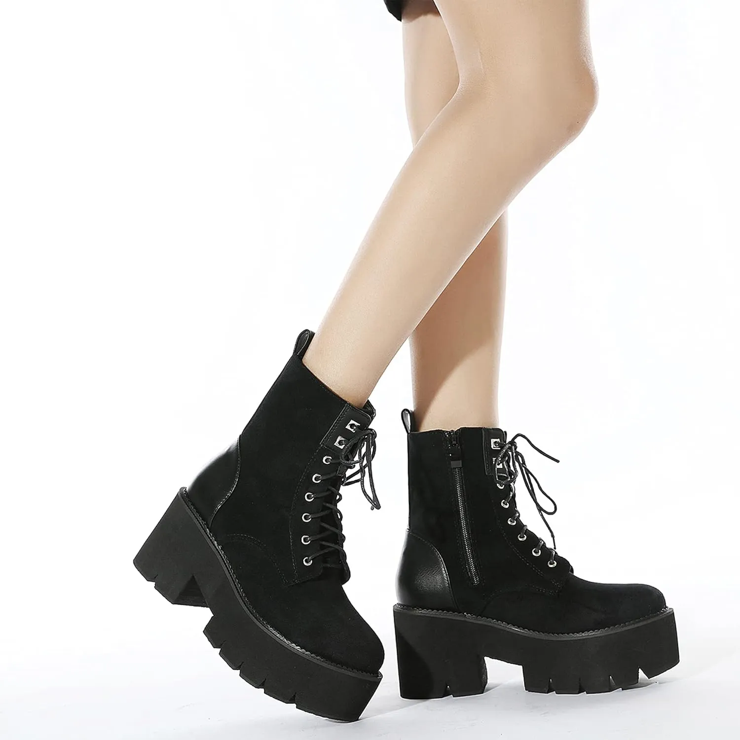 Womens Platform Boots Round Toe Chunky Ankle Boots Punk Boots Lace Up&Zipper Combat Boots