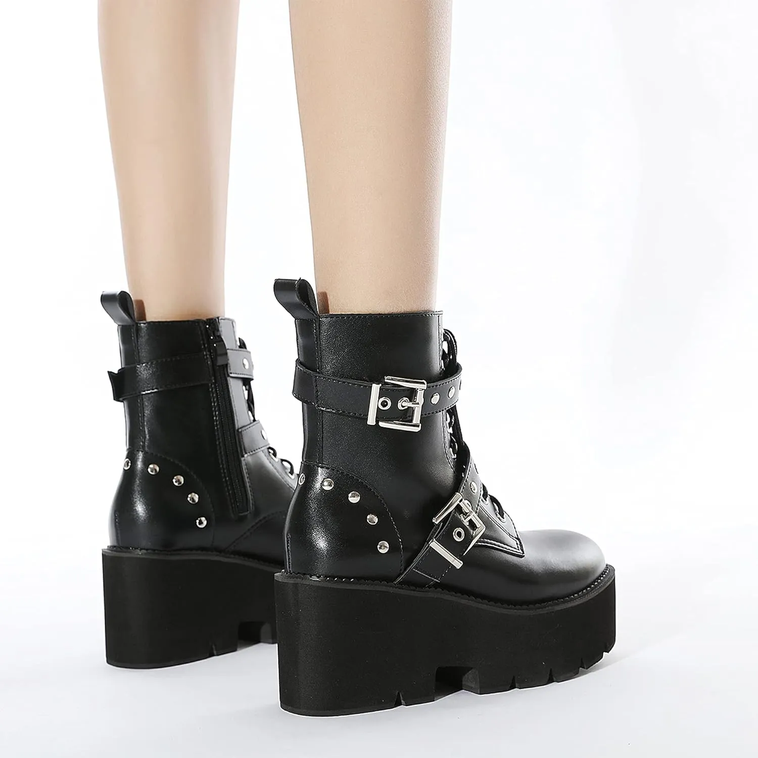 Womens Platform Boots Round Toe Chunky Ankle Boots Punk Boots Lace Up&Zipper Combat Boots