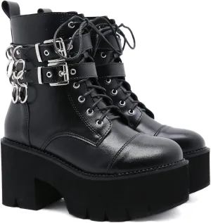 Womens Platform Boots Round Toe Chunky Ankle Boots Punk Boots Lace Up&Zipper Combat Boots