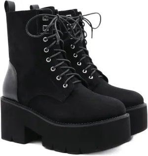 Womens Platform Boots Round Toe Chunky Ankle Boots Punk Boots Lace Up&Zipper Combat Boots