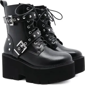 Womens Platform Boots Round Toe Chunky Ankle Boots Punk Boots Lace Up&Zipper Combat Boots