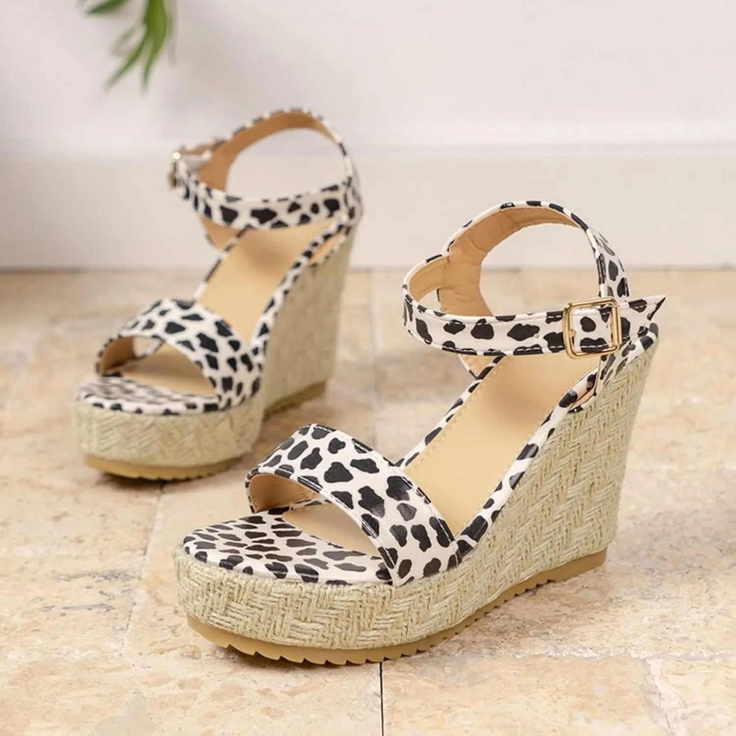 Women's Platform Sandals Wedge Ankle Strap Open Toe Sandals Leopard Print Wide Width High Wedges Buckle Espadrilles Flatform Wedge Casual Sandal All Day Comfort