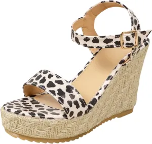 Women's Platform Sandals Wedge Ankle Strap Open Toe Sandals Leopard Print Wide Width High Wedges Buckle Espadrilles Flatform Wedge Casual Sandal All Day Comfort