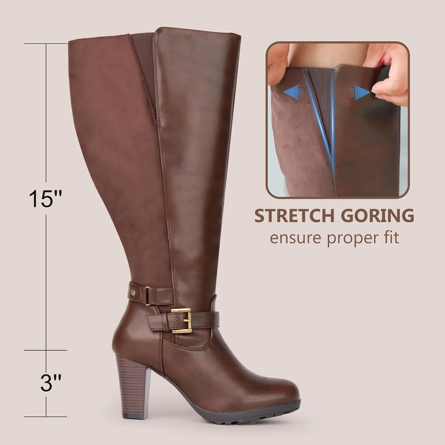 Women's Plus Size Extra Wide Calf High Heel Dress Boots with Ankle Buckle