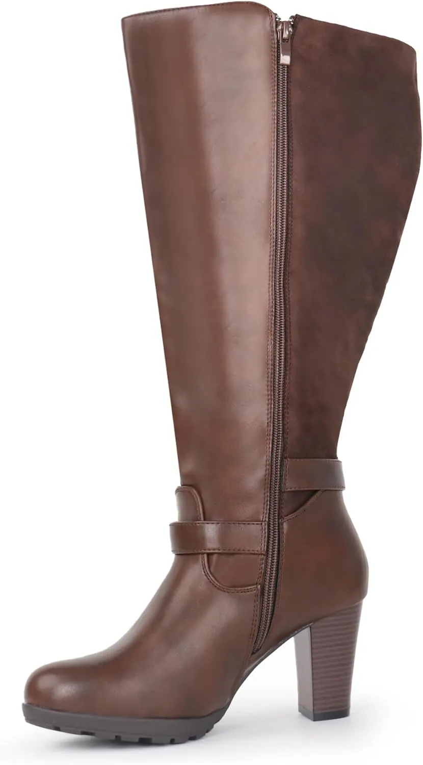 Women's Plus Size Extra Wide Calf High Heel Dress Boots with Ankle Buckle
