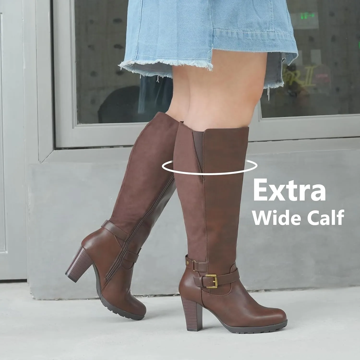 Women's Plus Size Extra Wide Calf High Heel Dress Boots with Ankle Buckle